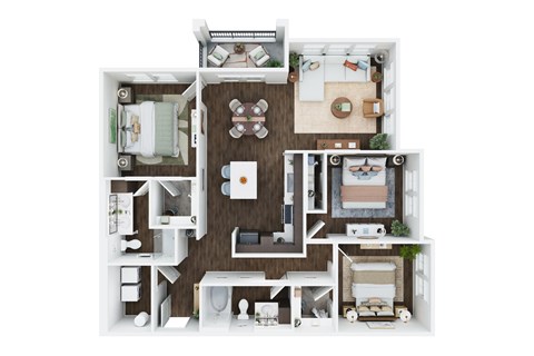A detailed 3D floor plan of a house layout.